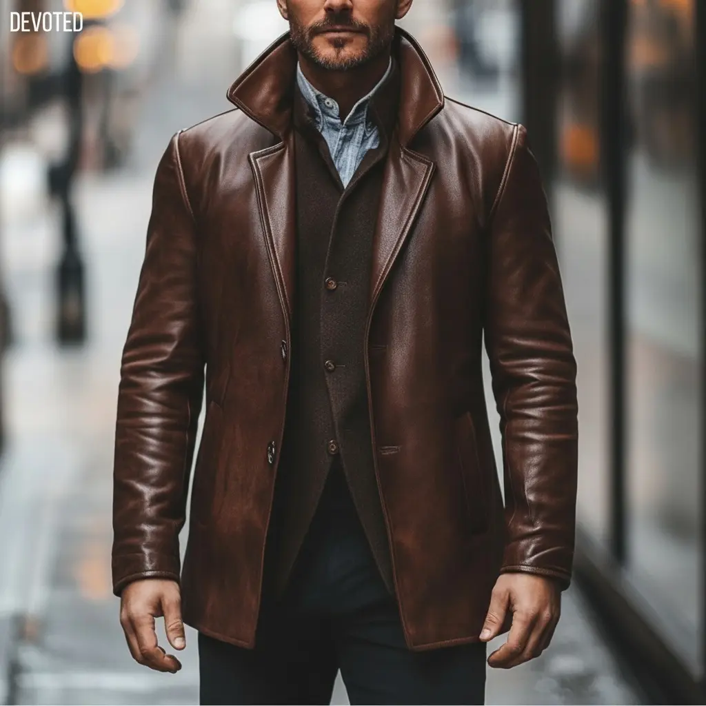 SKU-M-62_1 Chocolate Brown Leather Trench Blazer - Image 1