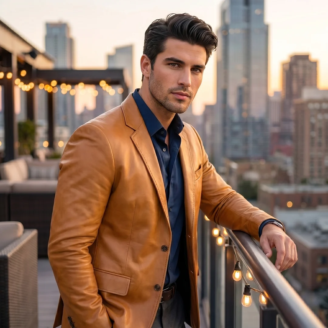 SKU-M-63_1 Camel Brown Leather Tailored Blazer - Image 1